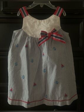 Pastourelle Nautical Seersucker Dress in White, Blue & Red